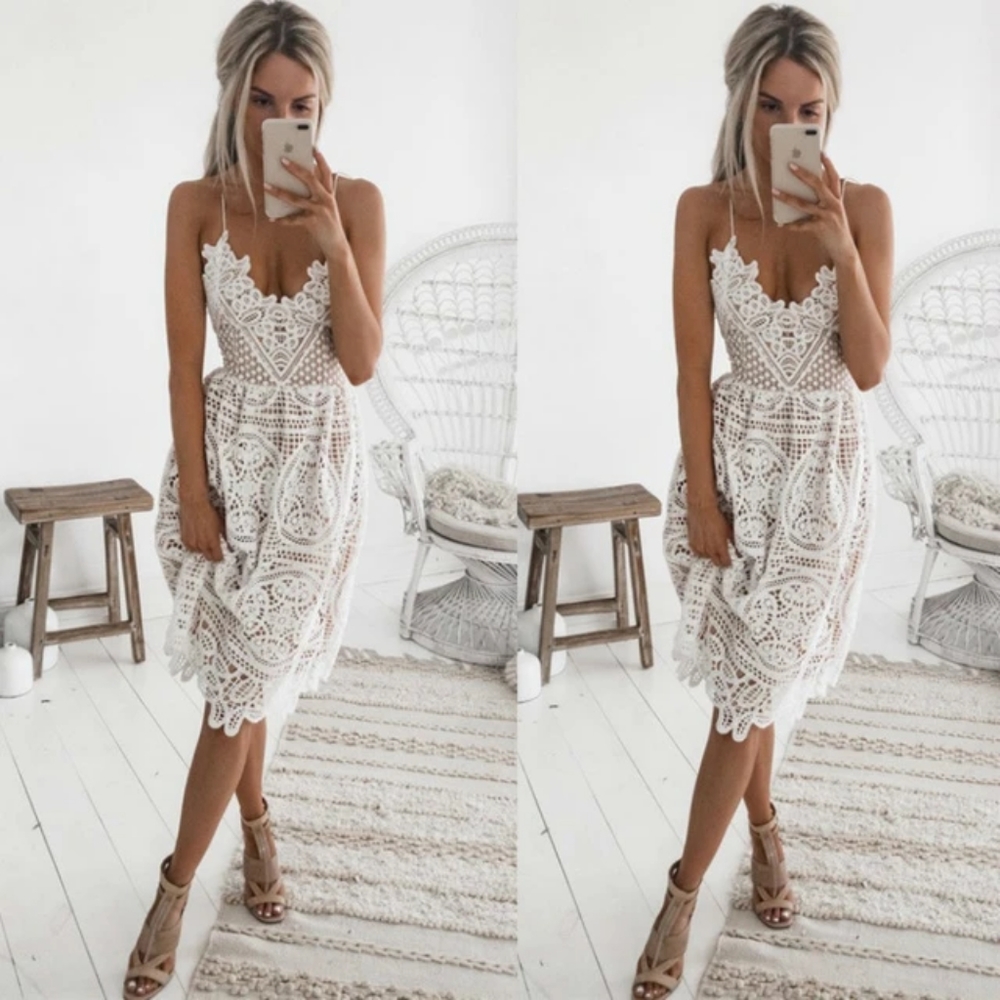 White boho lace criss cross back midi dress